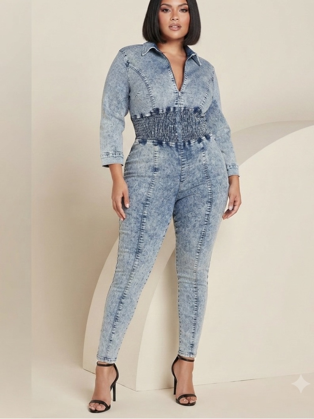 Venus Women\'s Light Blue Acid Wash Smocked Waist Denim Jean Jumpsuit
